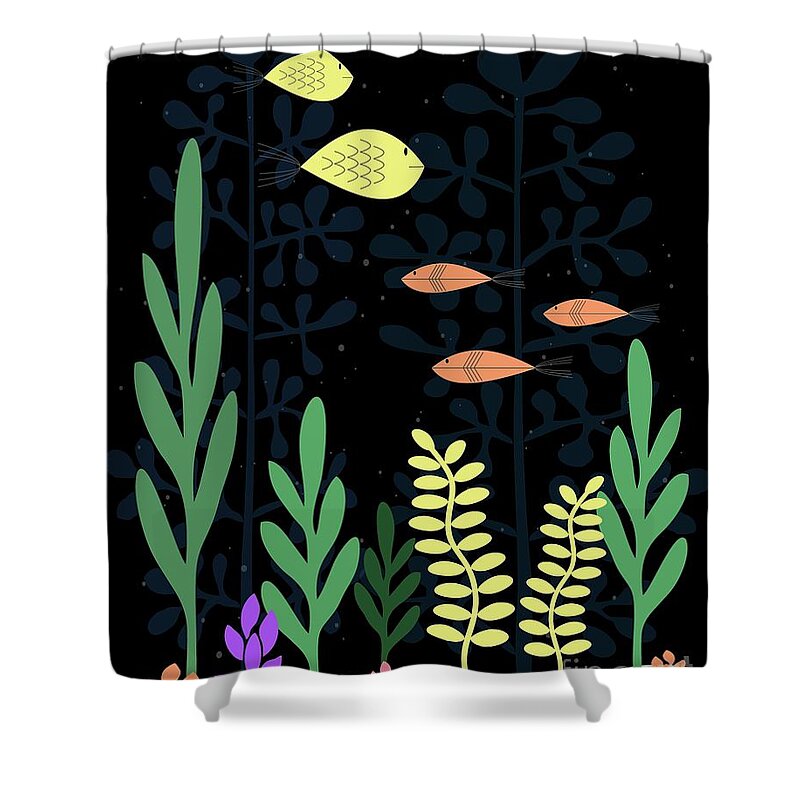 Mid Century Fish Shower Curtain featuring the digital art Mid Century Aquarium Black by Donna Mibus