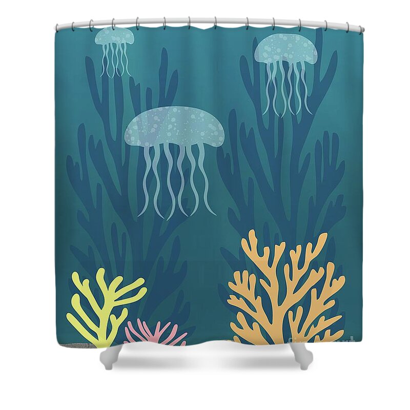 Mid Century Fish Tank Shower Curtain featuring the digital art Mid Century Aquarium with Jellyfish by Donna Mibus