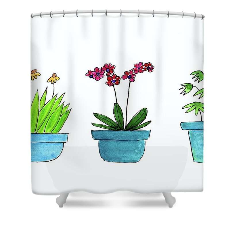 Mid Century Modern Plants Shower Curtain featuring the painting Mid Century Blue Potted Plants by Donna Mibus