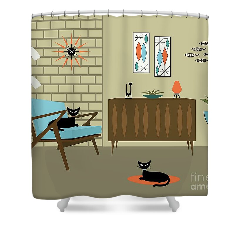 Z Chair Shower Curtain featuring the digital art Mid Century Blue Z Chair Room by Donna Mibus