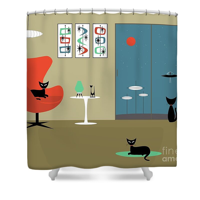 Mid Century Modern Shower Curtain featuring the digital art Mid Century Cat Spies Flying Saucer by Donna Mibus