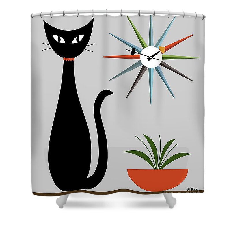 Mid Century Cat Shower Curtain featuring the digital art Mid Century Cat with Starburst Clock on Gray by Donna Mibus