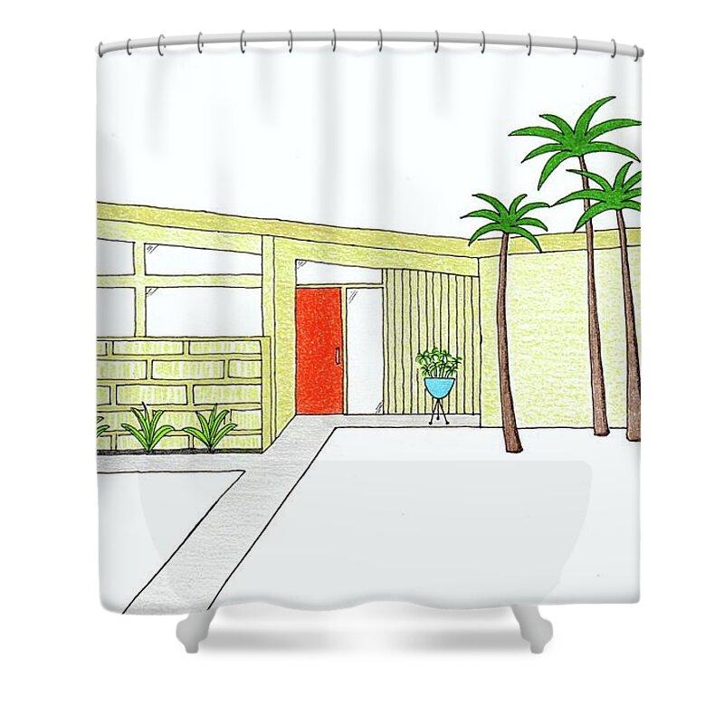 Mid Century Modern House Shower Curtain featuring the drawing Mid Century House with Butterfly Roof by Donna Mibus