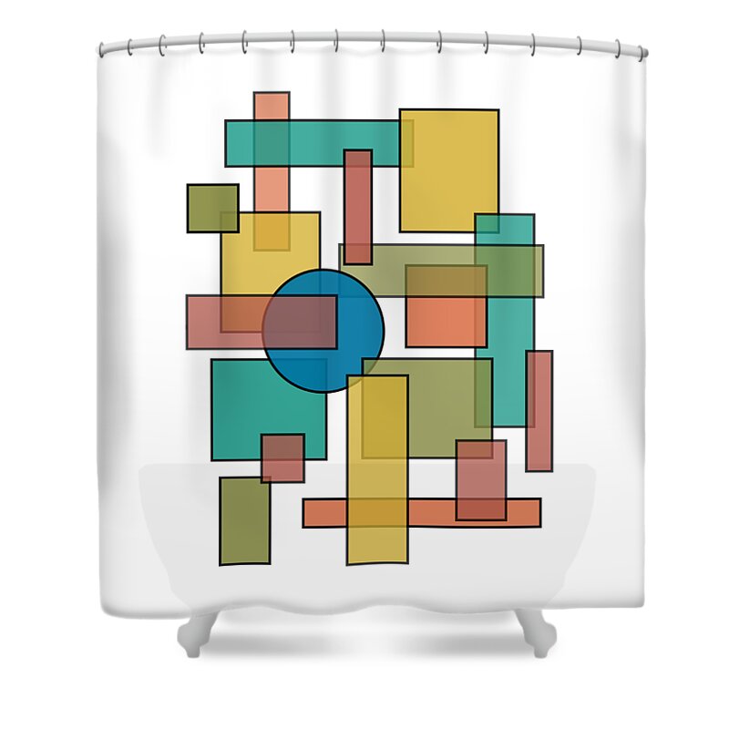 Mid Century Shower Curtain featuring the digital art Mid Century Modern Blocks, Rectangles and Circles with horizontal Background by DB Artist