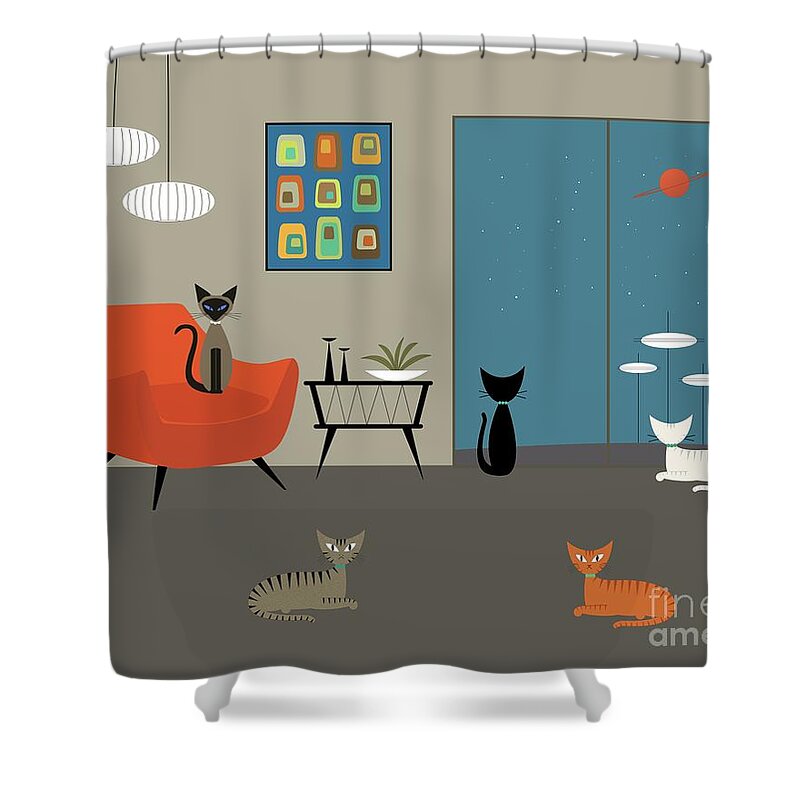  Shower Curtain featuring the digital art Mid Century Modern Cats by Donna Mibus