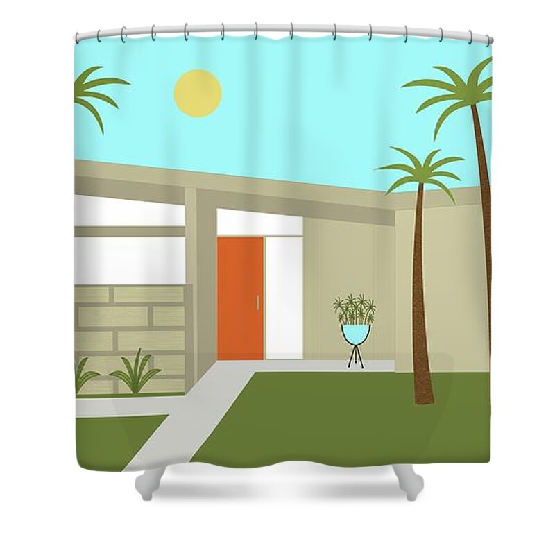Mcm Shower Curtain featuring the digital art Mid Century Modern House in Tan by Donna Mibus
