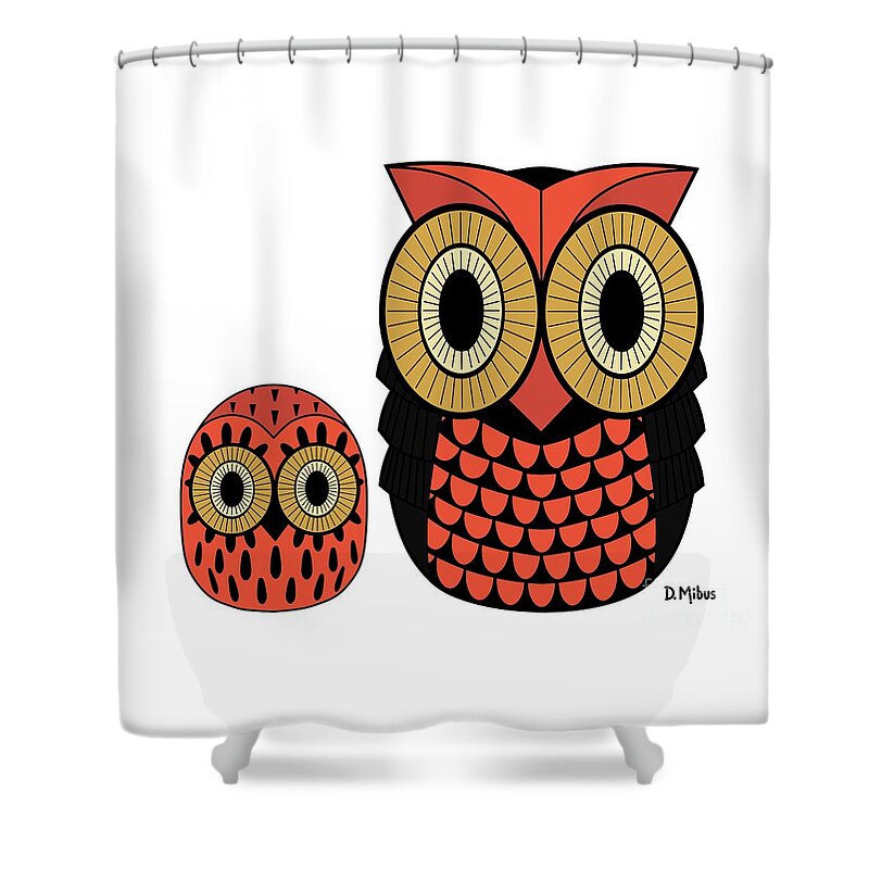 Owl Shower Curtain featuring the digital art Mid Century Owls in Burnt Orange by Donna Mibus