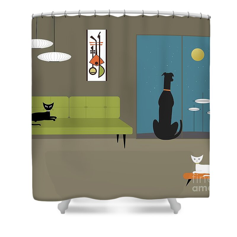 Mid Century Modern Shower Curtain featuring the digital art Mid Century Room with Dog and Cats by Donna Mibus
