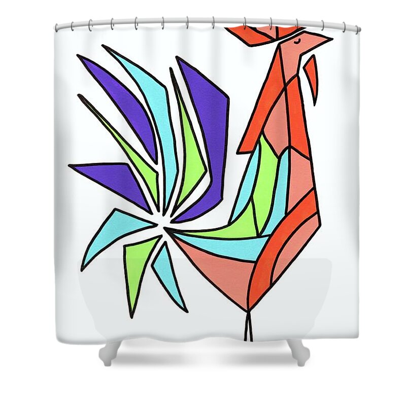 Mid Century Modern Rooster Shower Curtain featuring the painting Mid Century Rooster Stained Glass Effect by Donna Mibus