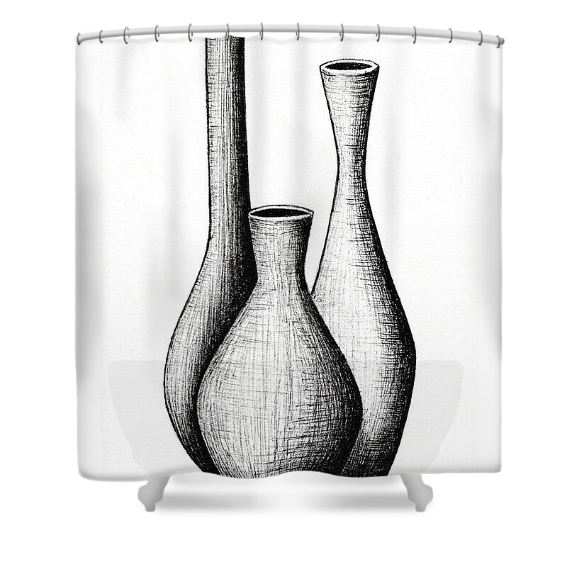 Mid Century Modern Shower Curtain featuring the drawing Mid Century Vases Ink Drawing by Donna Mibus