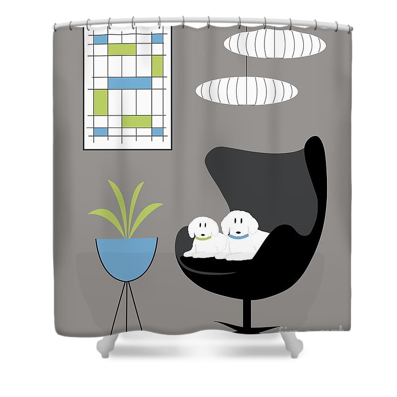 Mid Century Modern Shower Curtain featuring the digital art Mid Century White Dogs in Black Egg Chair by Donna Mibus