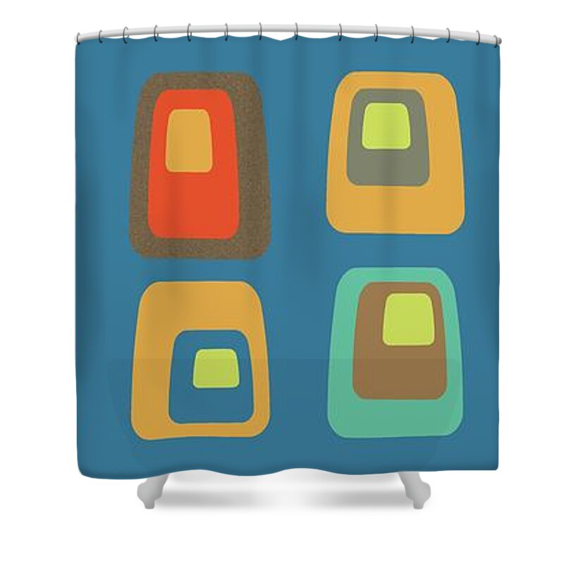  Shower Curtain featuring the digital art MidCentury Oblongs on Blue by Donna Mibus