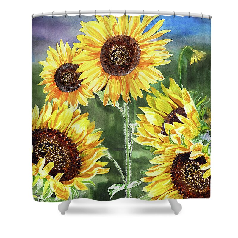 Sunflowers Shower Curtain featuring the painting Midday In The Field Sunflowers Watercolor Happy Flowers  by Irina Sztukowski