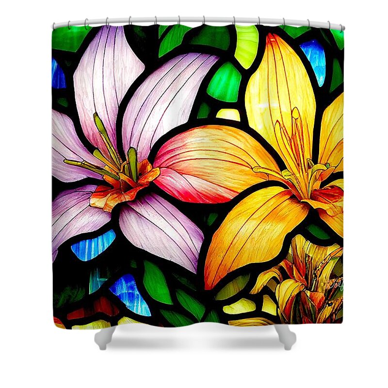 Abstract Shower Curtain featuring the digital art MidJourney AI Stained Glass Day Lilies by Peggi Wolfe