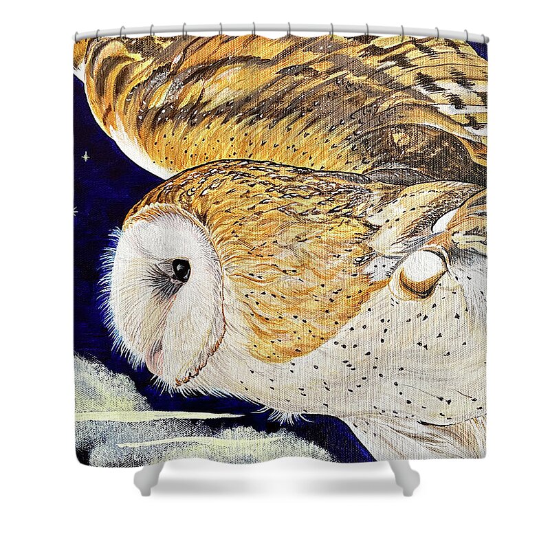 Owl Shower Curtain featuring the painting Midnight Flight By Moonlight by Sonja Jones