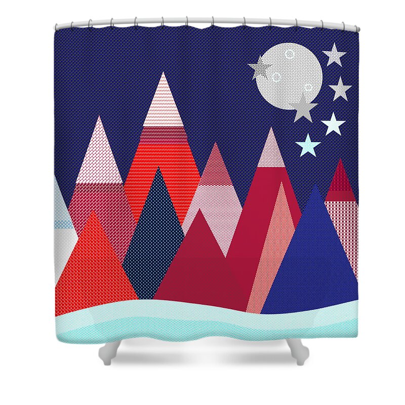 Red Shower Curtain featuring the digital art Midnight Mountain View by Designs By L