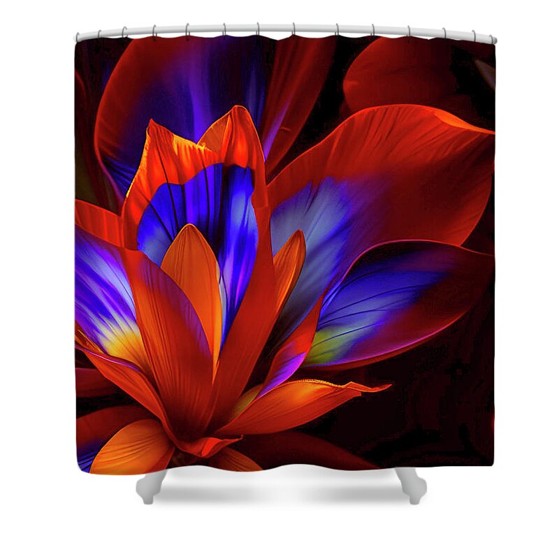 Red Shower Curtain featuring the mixed media Midnight Petals 2 by Lynda Lehmann