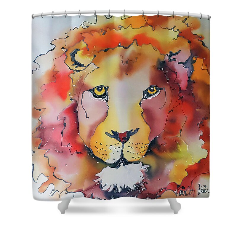 A Mighty Lion King In All His Glory With Sensitive Golden Eyes And A Vibrant Wild Mane In Yellow Shower Curtain featuring the tapestry - textile Mighty Lion by Karla Kay Benjamin