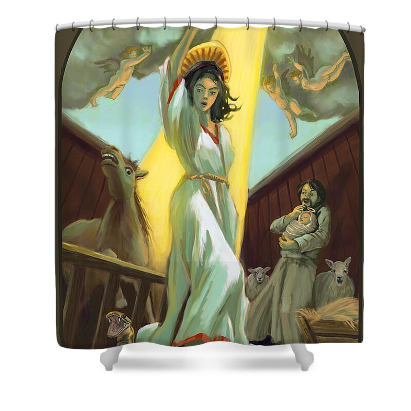 Nativity Shower Curtain featuring the digital art Mighty Mother Mary by Don Morgan