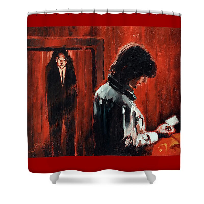 Phantasm Shower Curtain featuring the painting Mike and the Tall Man by Sv Bell