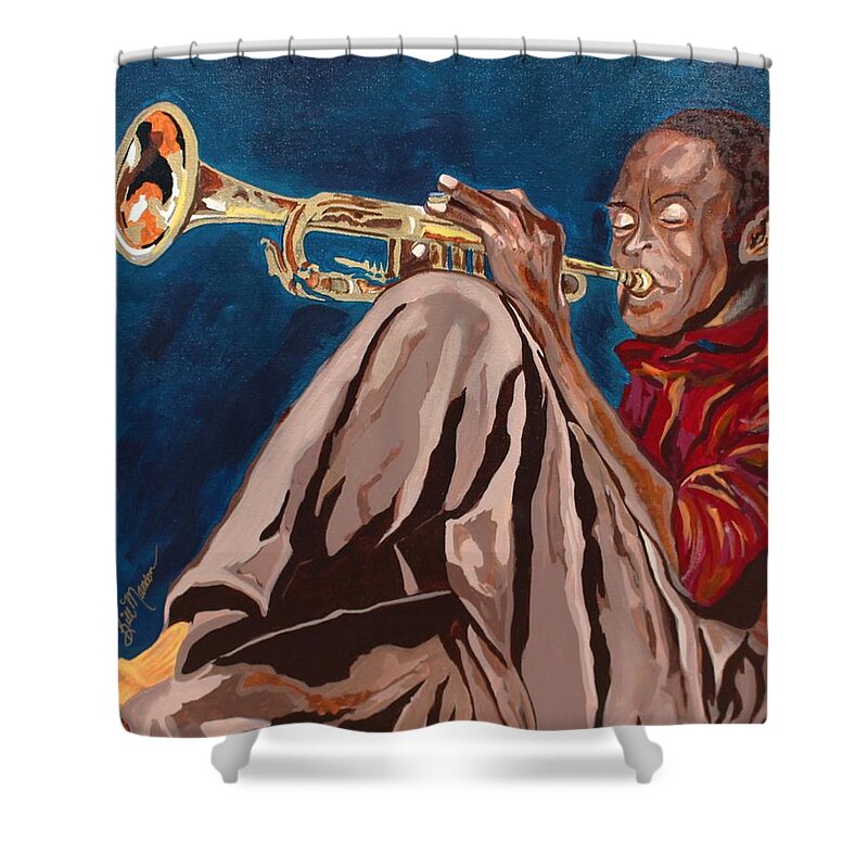  Shower Curtain featuring the painting Miles Davis-Backstage by Bill Manson