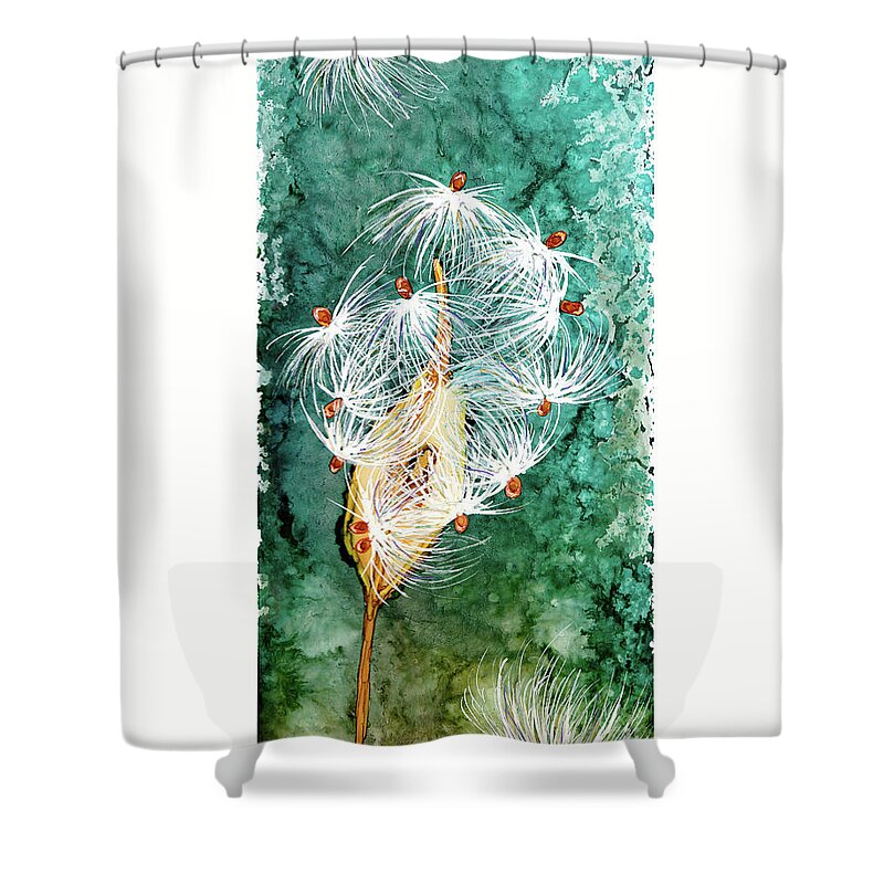 Milkweed Fall Seeds Pod Shower Curtain featuring the painting Milkweed Magic by Jan Killian
