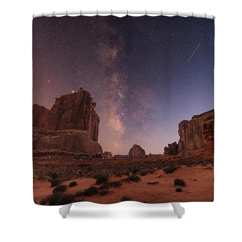 Night Milky Way Arches National Park Moab Utah Southwest Canyonlands Colorado Plateau Courthouse Towers Shower Curtain featuring the photograph Milky Way and Meteors by Dan Norris