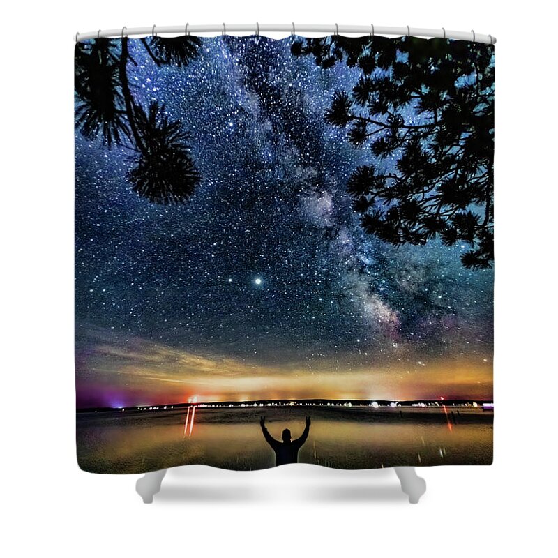 Higgins Lake Shower Curtain featuring the photograph Milky Way Higgins Lake Summer Solstice 2020 by Joe Holley