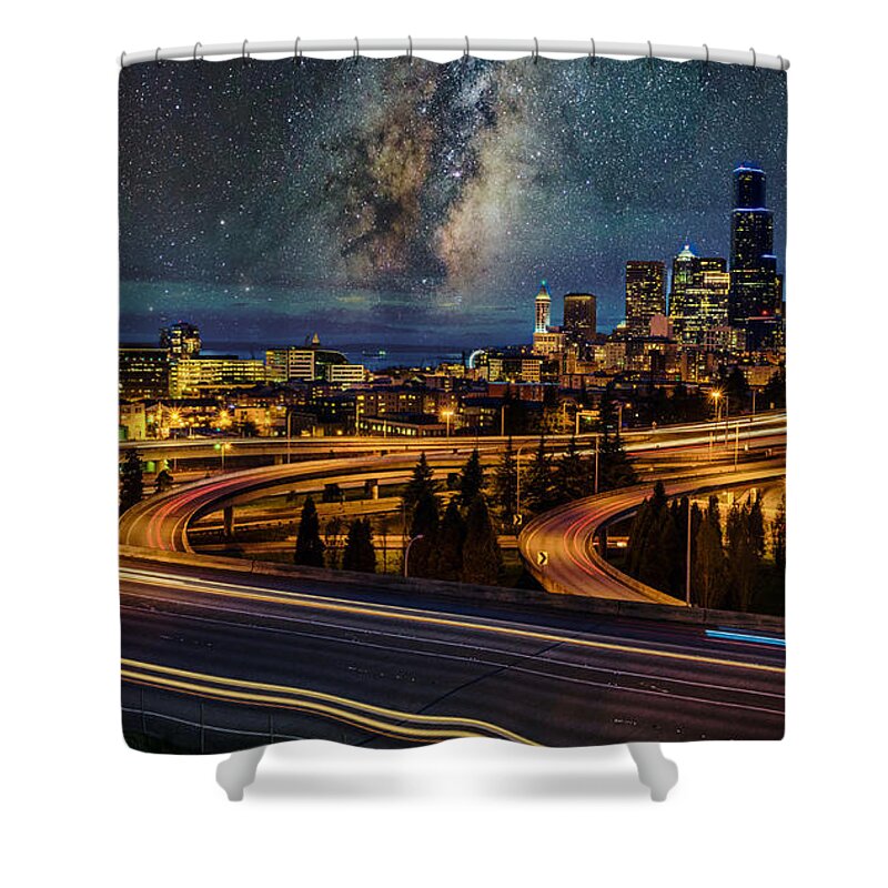 Downtown Shower Curtain featuring the photograph Milky Way Night in Seattle by Sal Ahmed