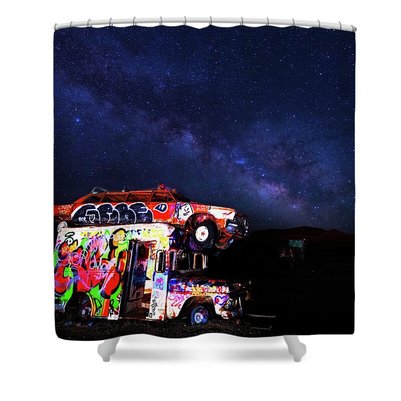 America Shower Curtain featuring the photograph Milky Way Over Mojave Graffiti Art 1 by James Sage