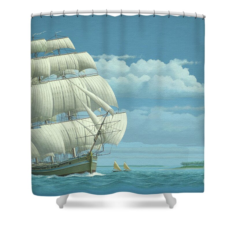 Keith Reynolds Shower Curtain featuring the painting Millennium of Sailing in Marshall Islands - British Merchant Ship Britannia by Keith Reynolds