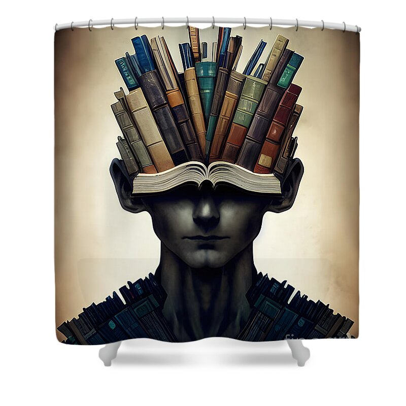 Book Shower Curtain featuring the mixed media Mind Made Of Books by Artvizual Premium