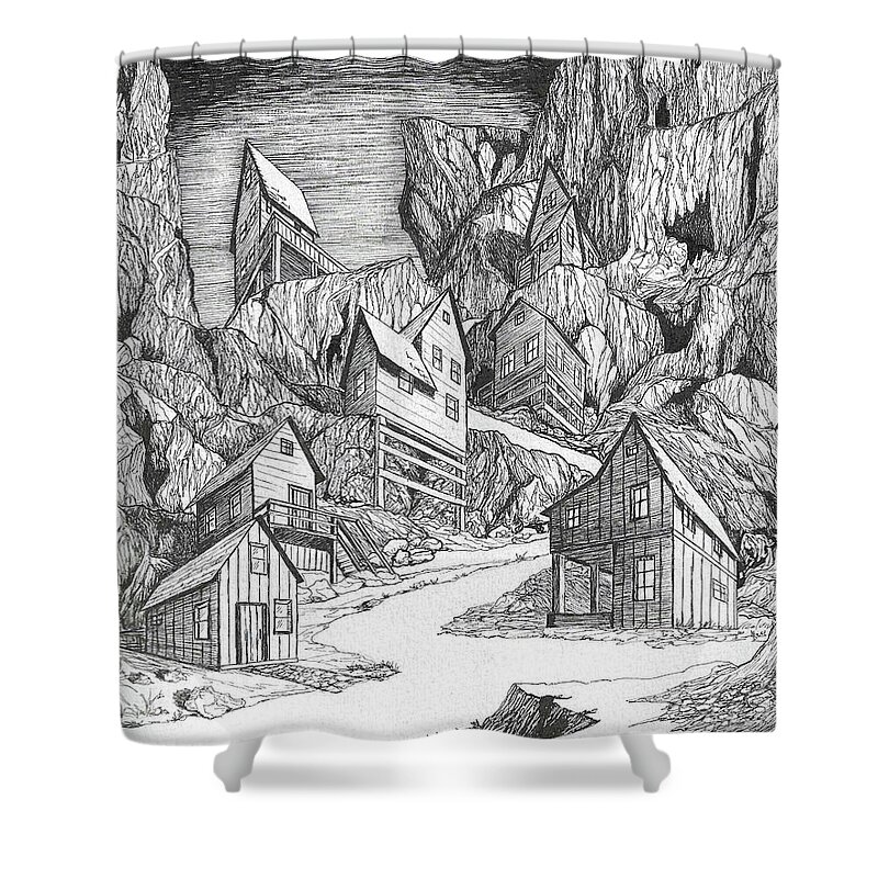 Old Shower Curtain featuring the drawing Miner's Village by Loxi Sibley