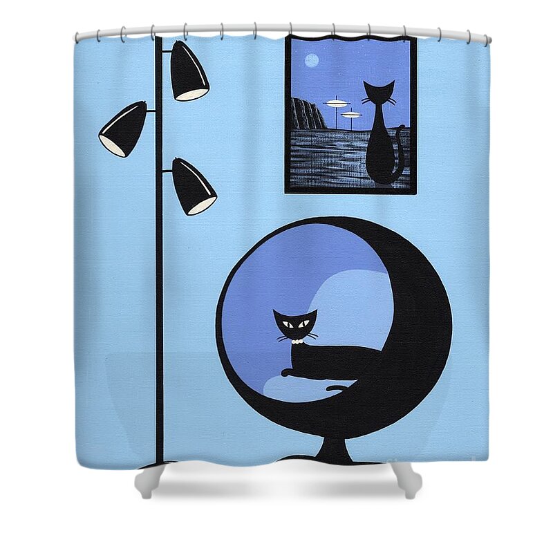 Mid Century Modern Black Cat Shower Curtain featuring the mixed media Mini Space Cat Black Ball Chair by Donna Mibus