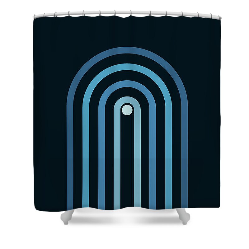 Minimal Shower Curtain featuring the mixed media Minimal Geometric Arch Diptych 1 - Mid Century Modern - Half Circle Arch - Scandinavian - Blue, Navy by Studio Grafiikka