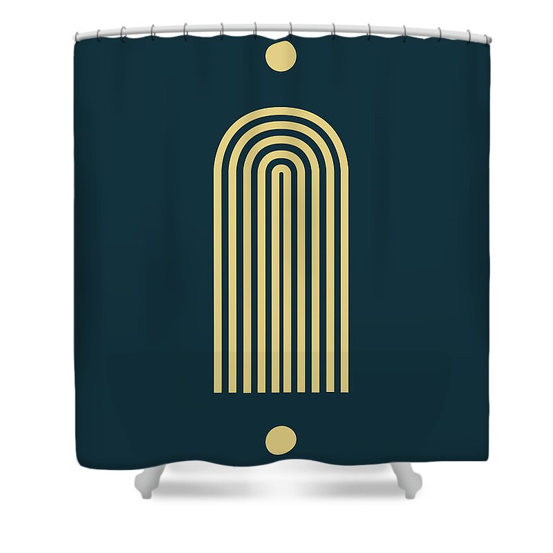 Minimal Shower Curtain featuring the mixed media Minimal Geometric Arch Print - Mid Century Modern - Half Circle Arch - Scandinavian - Navy, Beige by Studio Grafiikka