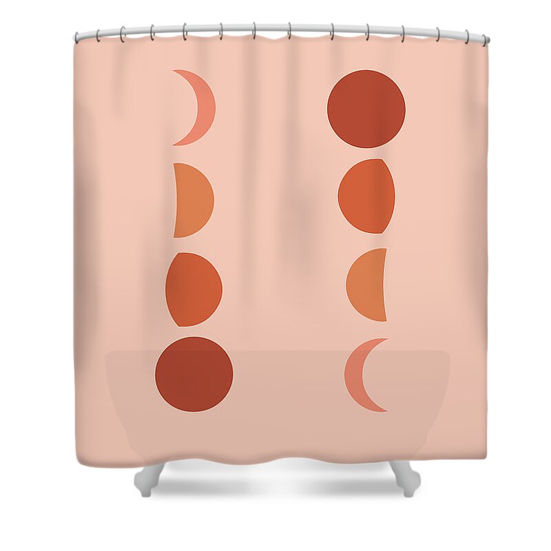 Moon Phases Shower Curtain featuring the mixed media Minimal Moon Phases - Lunar Cycle Print - La Luna - Mid-century modern, Scandinavian Abstract by Studio Grafiikka