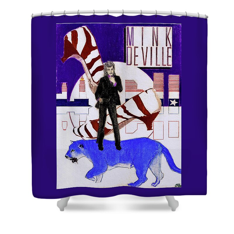 Willy Deville Shower Curtain featuring the drawing Mink DeVille - Le Chat Bleu by Sean Connolly