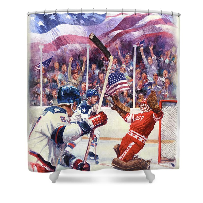 Dennis Lyall Shower Curtain featuring the painting Miracle On Ice - USA Olympic Hockey Wins Over USSR by Dennis Lyall