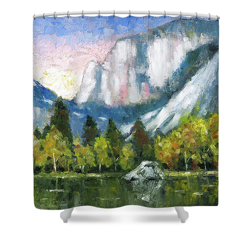 Landscape Shower Curtain featuring the painting Mirror Lake, Yosemite by Mike Bergen