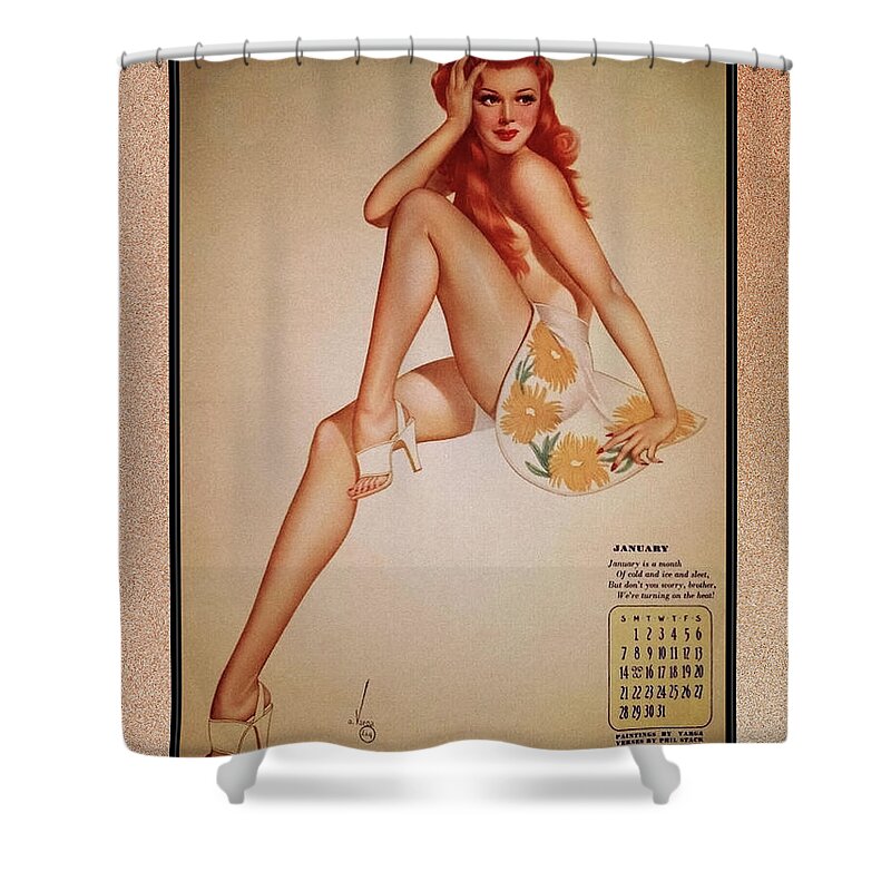 Miss January Shower Curtain featuring the painting Miss January Varga Girl 1944 Pin-up Calendar by Alberto Vargas Vintage Pin-Up Girl Art by Rolando Burbon