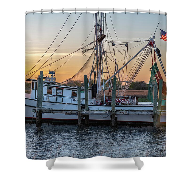 Miss Paula Shower Curtain featuring the photograph Miss Paula Shrimp Boat on Shem Creek - Sunset Skies by Dale Powell