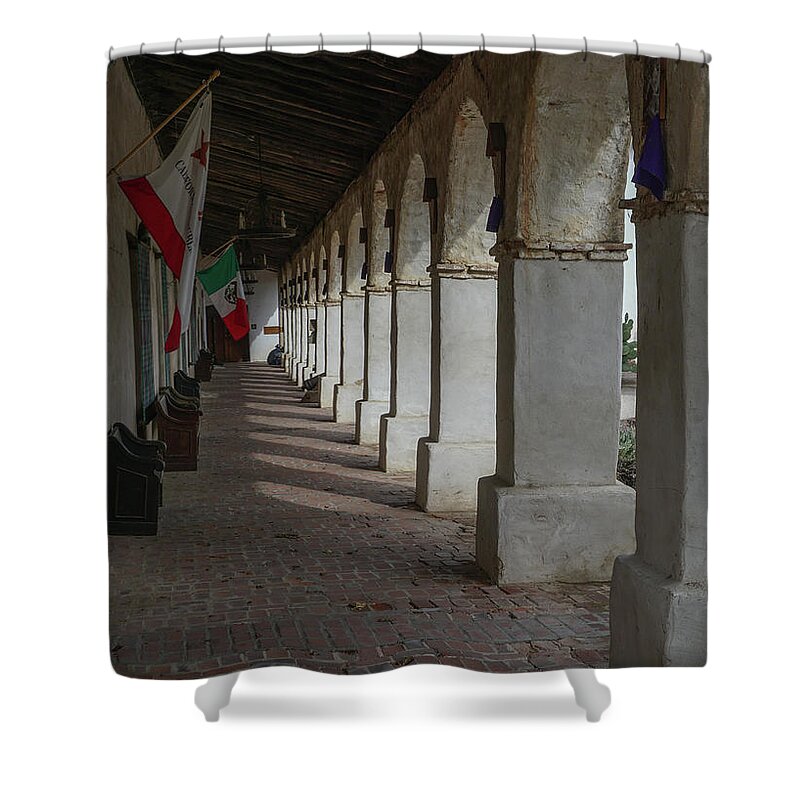 San Miguel Mission Shower Curtain featuring the photograph Mission Corridor by Brett Harvey