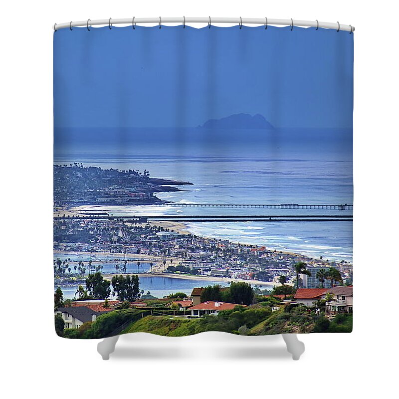 Aerial Shower Curtain featuring the photograph Mission to Ocean Beach Pier to Mexico's Coronado Island by Russ Harris
