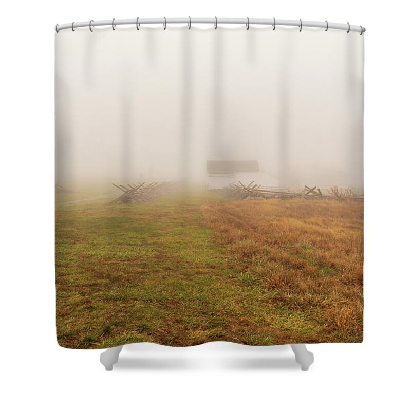 Landscape Shower Curtain featuring the photograph Misty Morning in Gettysburg by Amelia Pearn