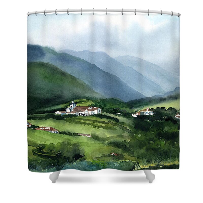 Portugal Shower Curtain featuring the painting Misty Morning in Sao Miguel Azores Portugal by Dora Hathazi Mendes