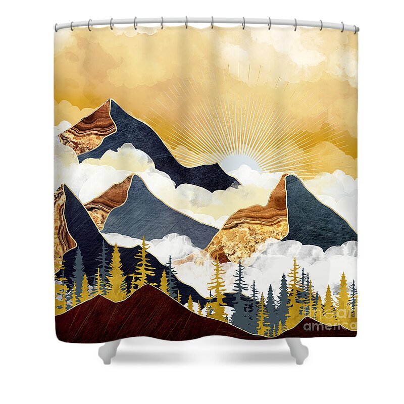 Mist Shower Curtain featuring the digital art Misty Peaks by Spacefrog Designs