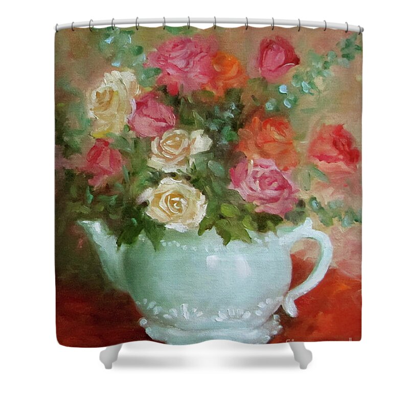Red Roses Shower Curtain featuring the painting Mixed Rose Bouquet in Turquoise Vase by Cheri Wollenberg