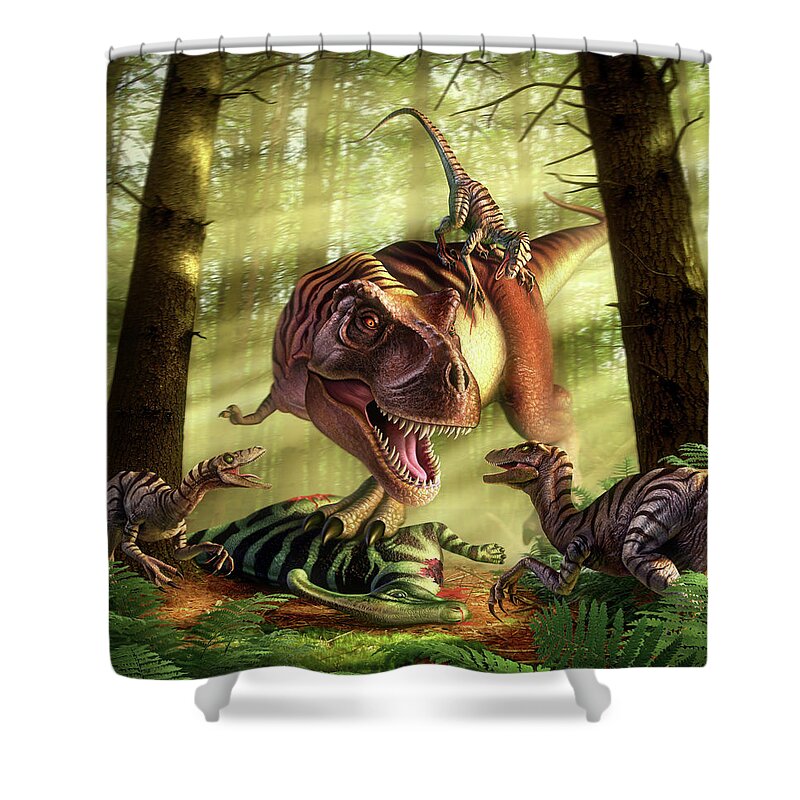 Dinosaur Shower Curtain featuring the digital art MMA Dino Style by Jerry LoFaro