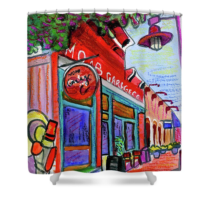 Moab Shower Curtain featuring the painting Moab Garage Co by Madeline Dillner